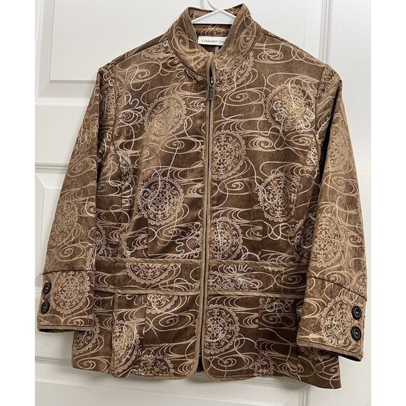 Coldwater Creek Jacket Womens 8 Brown Embroidered Asian Collar Boho NWT - Picture 1 of 12
